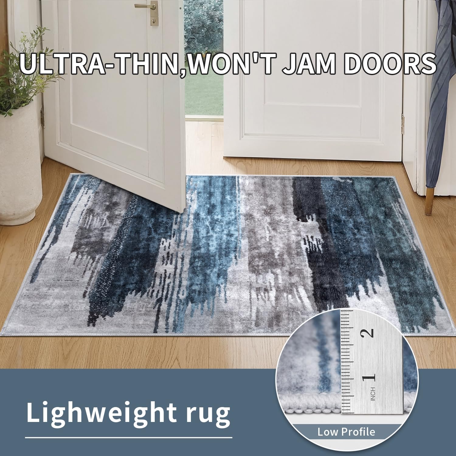 Ciicool Modern Abstract Area Rug 2x3 Washable Small Entryway Rug, Non-Slip Low Pile Throw Rug, Foldable Kitchen Bathroom Rug, Blue Grey Floor Carpet for Entrance Living Room Bedroom Indoor Doormat