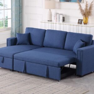 poplarbox L Shape Couch with Pull Out Bed, 84" Small Blue Sectional Sleeper Sofa with Storage Chaise, Convertible Pull Out Couch Bed for Bedroom, Living Room