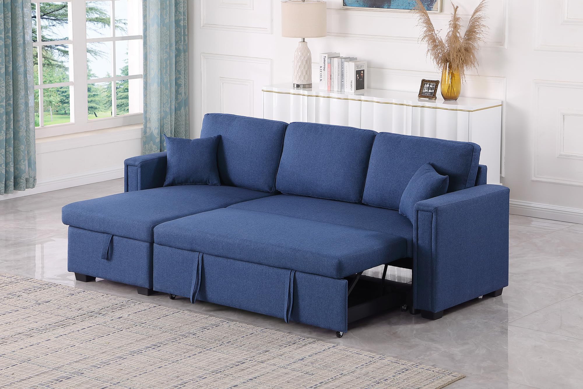 poplarbox L Shape Couch with Pull Out Bed, 84" Small Blue Sectional Sleeper Sofa with Storage Chaise, Convertible Pull Out Couch Bed for Bedroom, Living Room