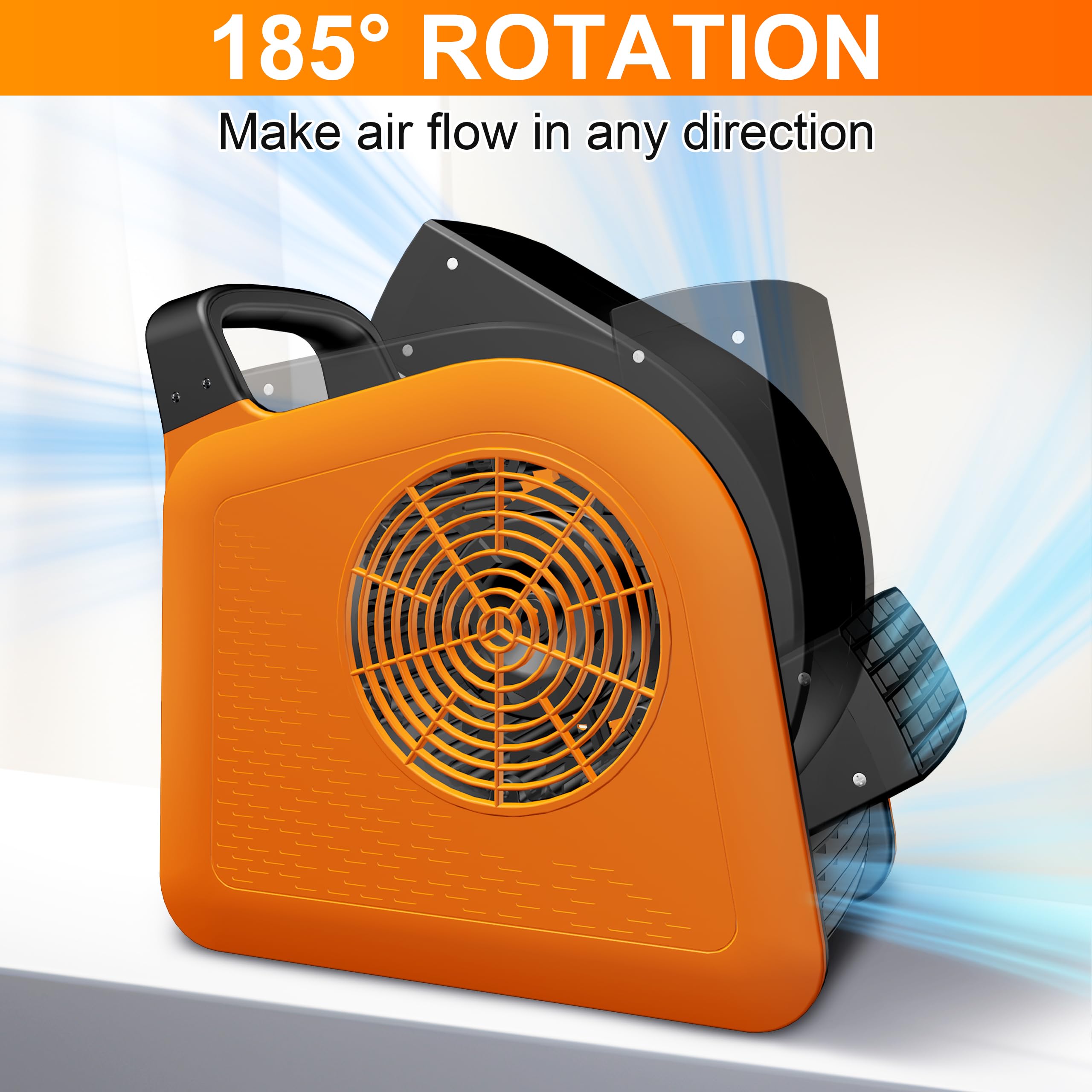 Puligoth Air Mover Blower Fan for Drying Cooling and Ventilating, High Velocity Fan for Home Garage Workshop and Job Site Use, Portable Floor Fan with 185° Rotation, 3 Speeds, 2 AC Outlets, Orange