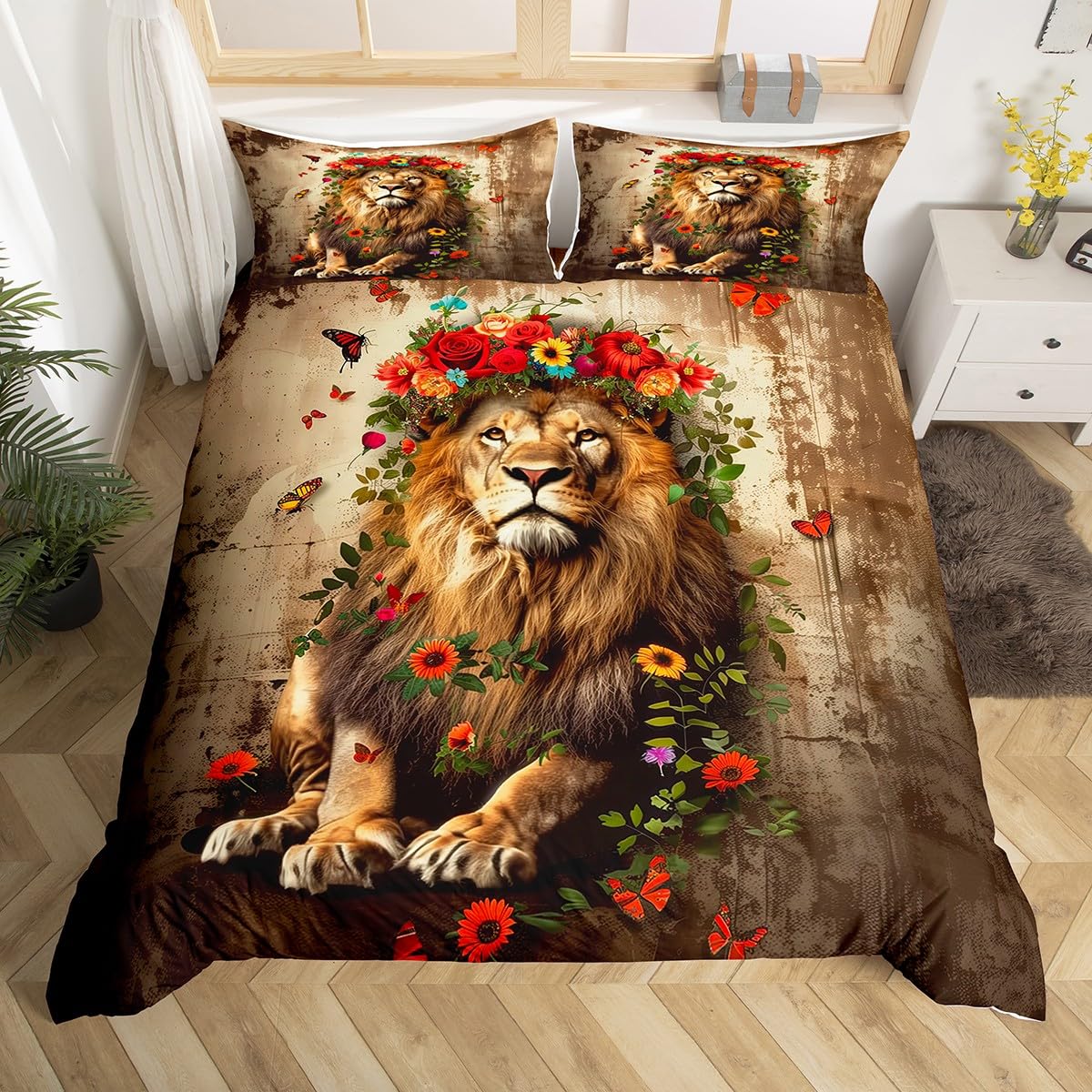 Castle Fairy Lion and Rose Bedding Set,Butterfly Flowers Duvet Cover for Kids Teens,Lions Pattern Comforter Cover Decorative Room,Wild Animals Quilt Cover with 2 Pillowcases,King Size(No Comforter)