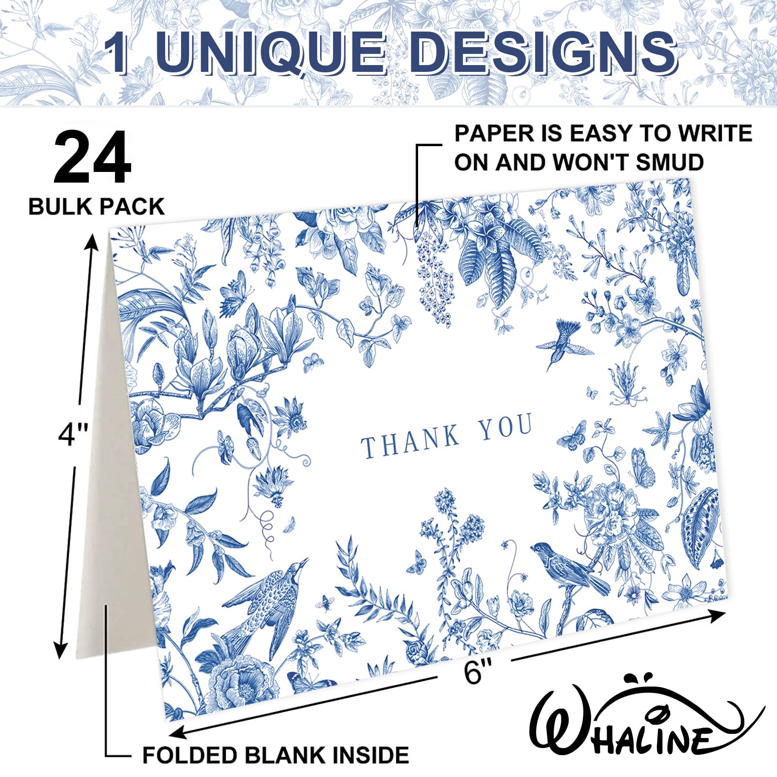 Whaline 24 Pack Flower Bird Thank You Cards Blue and White Floral Greeting Cards with Envelopes Stickers Blank Note Cards for Wedding Birthday Baby Shower Party Supplies, 4 x 6 Inch