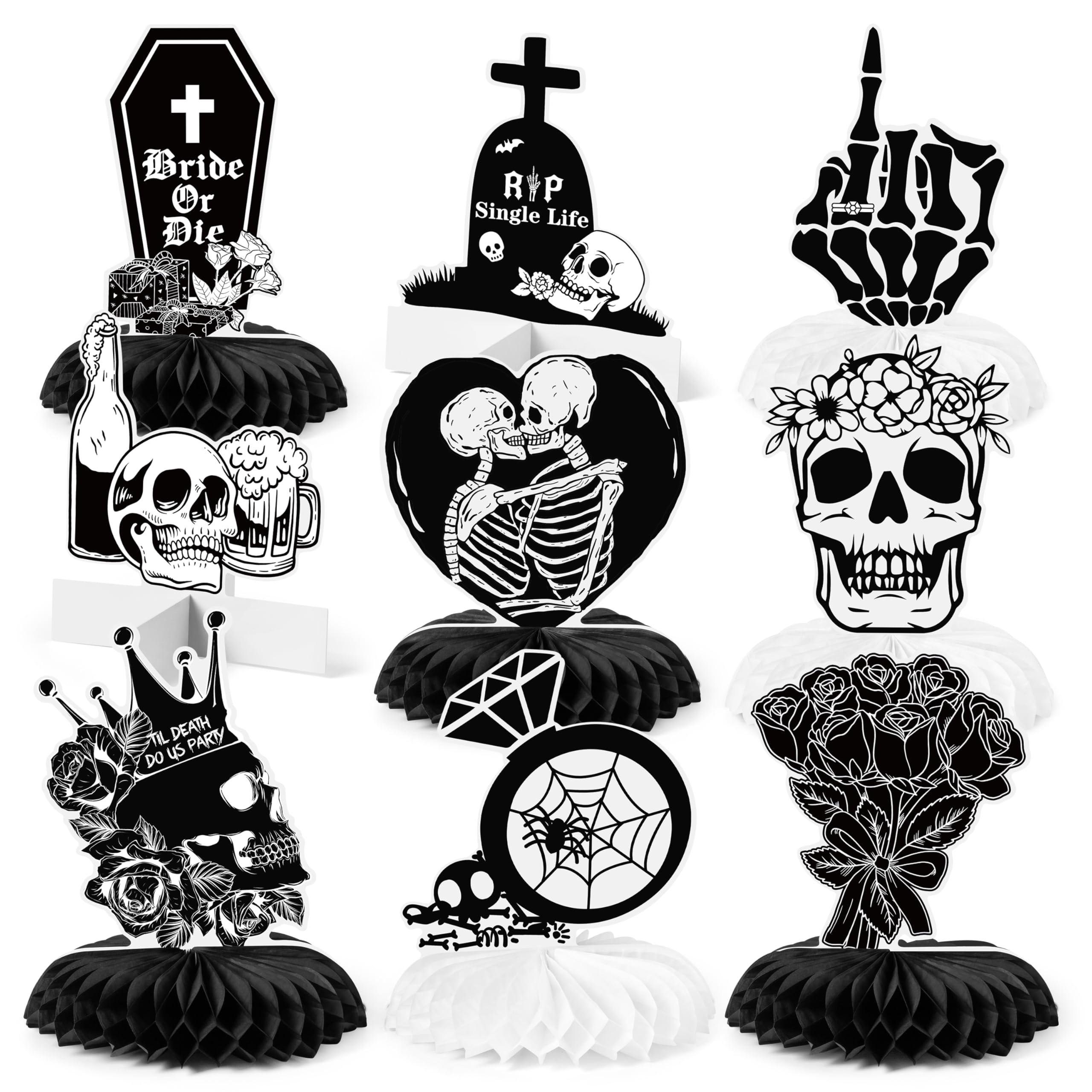 EmmgHen 9 Pcs Bride or Die Bachelorette Party Honeycomb Centerpieces Gothic Till Death Do Us Rip Single Life Themed 3D Table Toppers Decor for Bridal Shower Wedding Engagement Halloween Decorations