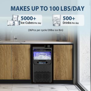 Commercial Ice Maker 100 Lbs/24H, Dual Water Inlet Options, Rapid 36 Ice Cubes in 9-15 Mins, Stainless Steel Ice Under Counter/Freestanding Machine for Home, Party, Office