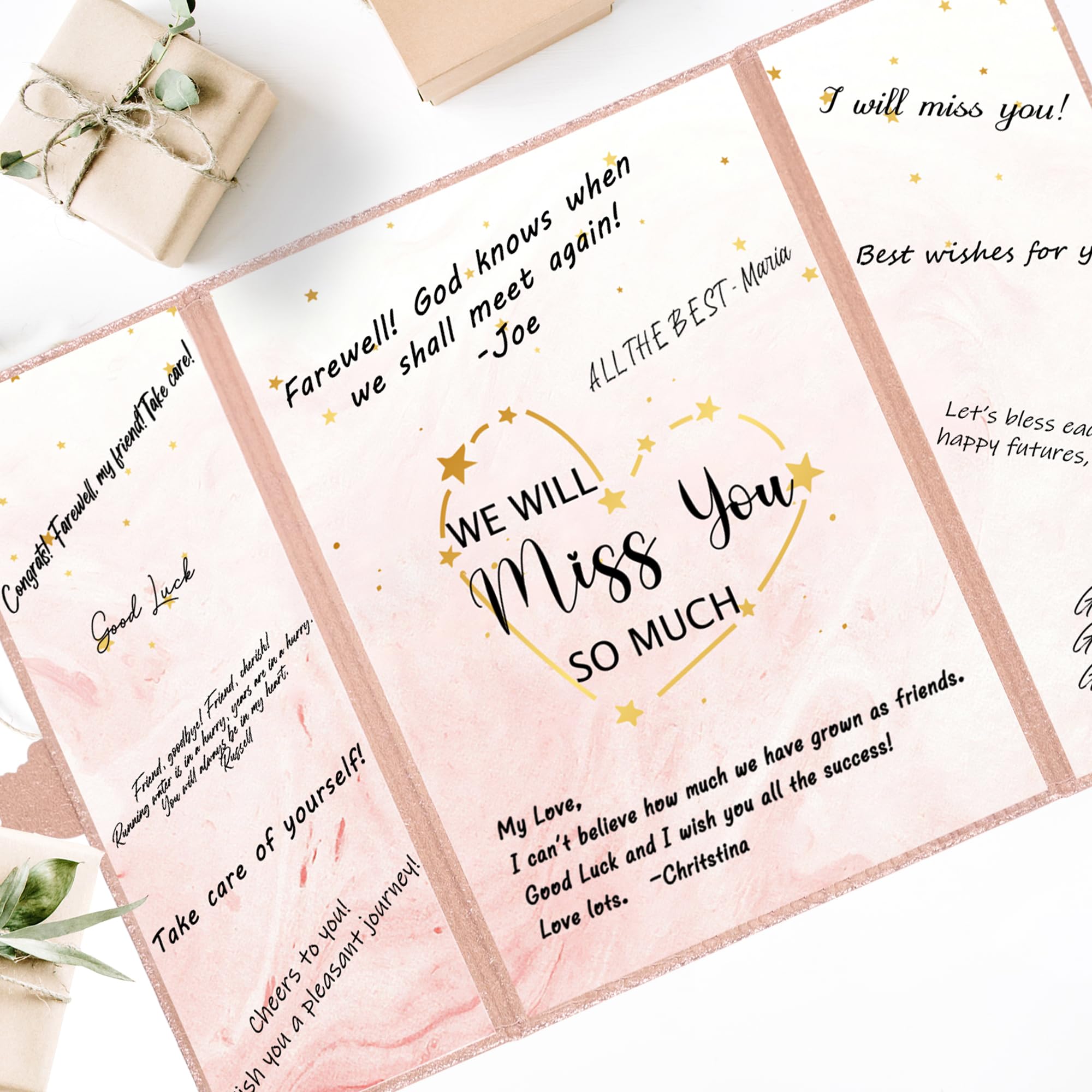 DARUNAXY Rose Gold Farewell Party Decorations for Women, We Will Miss You Very Much Alternative Signature Guest Book Going Away Gifts Signing Card Board for Retirement Graduation Party Supplies