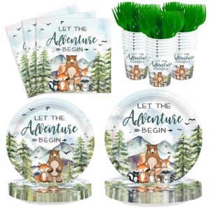 xienbloc 120pcs let the adventure begin party supplies baby shower plates napkins tableware set disposable cups green forks adventure party supplies for 24 guests