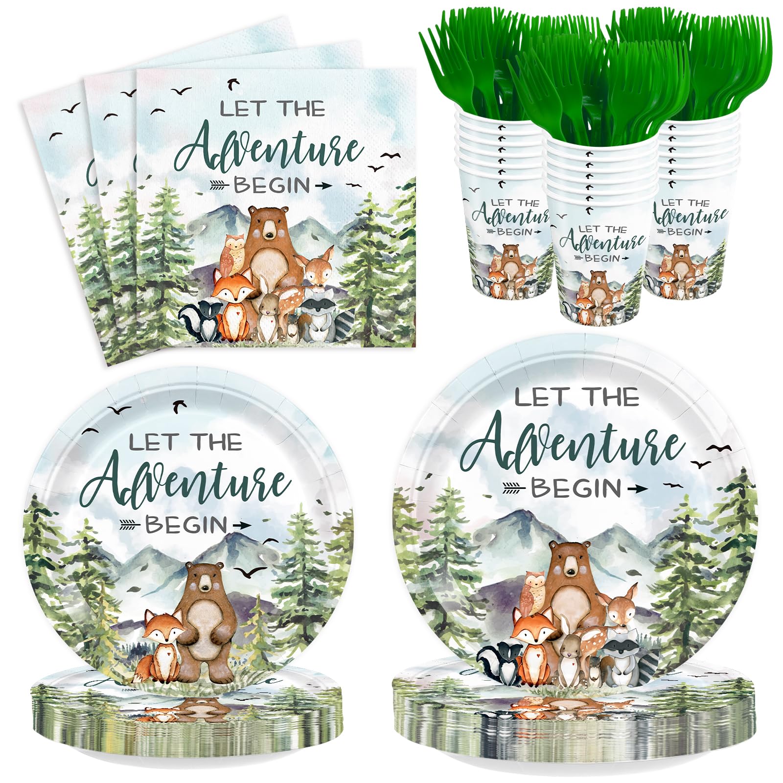 XIENBLOC 120pcs Let The Adventure Begin Party Supplies Baby Shower Plates Napkins Tableware Set Disposable Cups Green Forks Adventure Party Supplies for 24 Guests