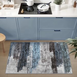 Ciicool Modern Abstract Area Rug 2x3 Washable Small Entryway Rug, Non-Slip Low Pile Throw Rug, Foldable Kitchen Bathroom Rug, Blue Grey Floor Carpet for Entrance Living Room Bedroom Indoor Doormat