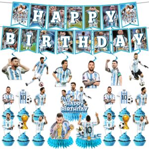 soccer birthday decorations, soccer birthday party decorations include 12 cupcake topper, 2 banner, 3 centerpieces, and 6 hanging swirls, soccer themed birthday party supplies for kids