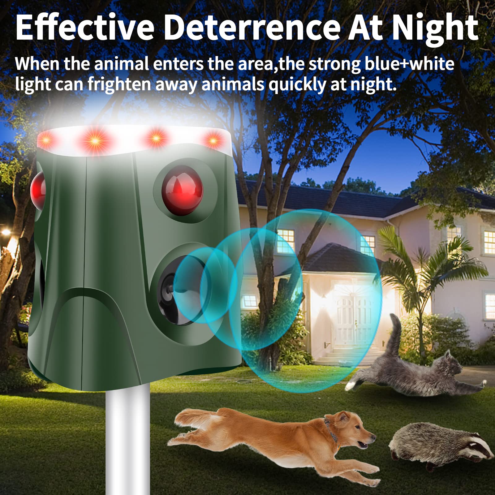 360° Solar Ultrasonic Animal Repellent, Cat Repellent Outdoor, 2024 Deer Deterrent Device with Motion Sensor& 3-Side Motion Flashing Light, Repel Dogs Bird Skunk Rabbit Squirrels for Yard Garden