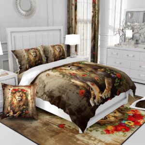 Castle Fairy Lion and Rose Bedding Set,Butterfly Flowers Duvet Cover for Kids Teens,Lions Pattern Comforter Cover Decorative Room,Wild Animals Quilt Cover with 2 Pillowcases,King Size(No Comforter)