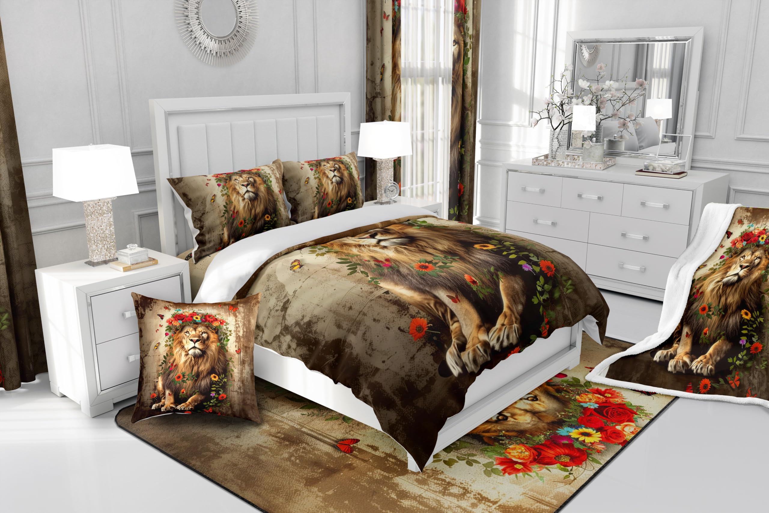 Castle Fairy Lion and Rose Bedding Set,Butterfly Flowers Duvet Cover for Kids Teens,Lions Pattern Comforter Cover Decorative Room,Wild Animals Quilt Cover with 2 Pillowcases,King Size(No Comforter)