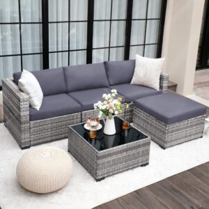 udpatio modular patio furniture set 5 pieces outdoor sectional couch with glass coffee table, l shaped wicker sofa patio conversation set for backyard porch balcony grey