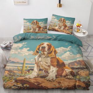 fjwxcbd basset hound dog bedding queen size duvet cover set 3 piece, 3d animal bedroom decor, desert landscape duvet cover & 2 pillow shams, with zipper & ties, super soft microfiber