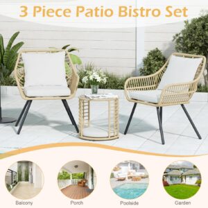 3 Piece Patio Bistro Set, Bistro Table and Chairs Set of 2 with Elevated Back Cushion, Round Glass Top Coffee Side Table, Patio Rattan Conversation Set for Balcony, Lawn, Garden, Backyard, White