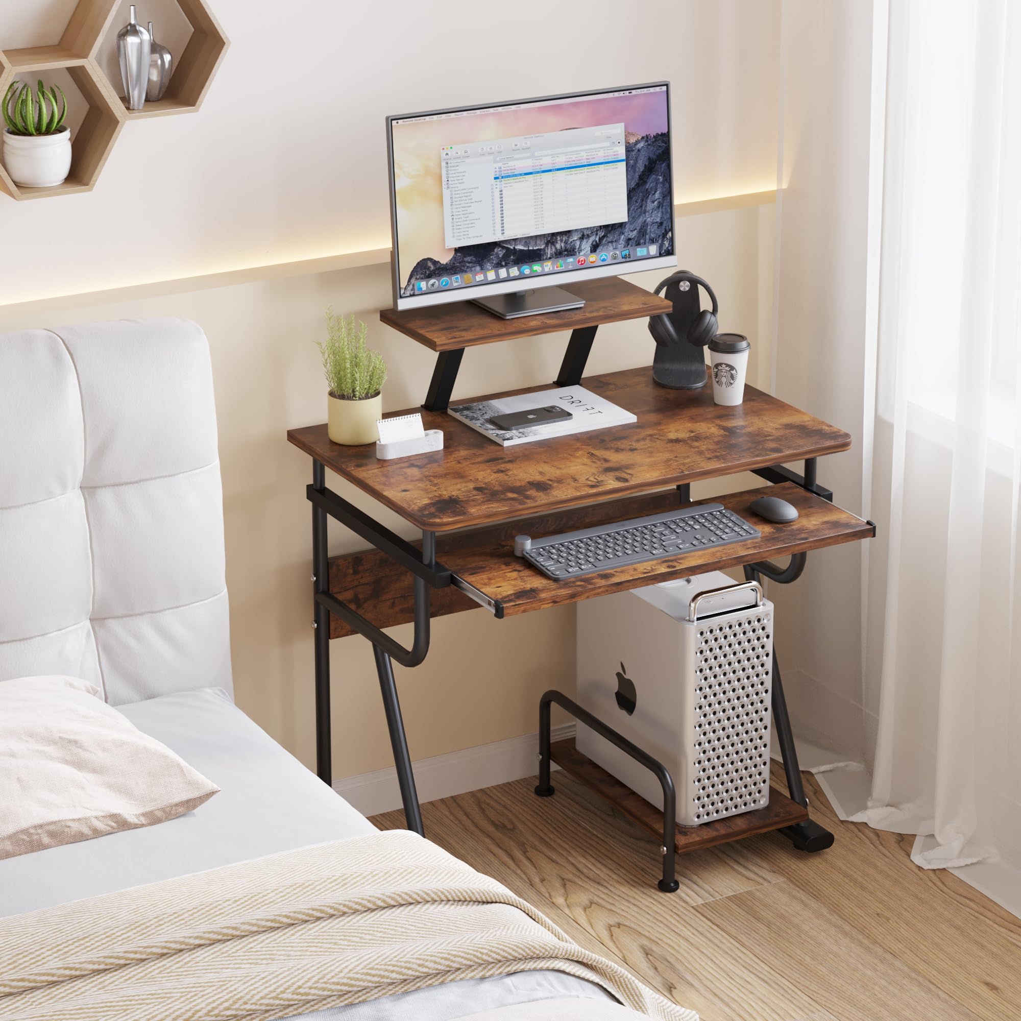 Gaming/Computer Desk, Home Office Small Desk with Monitor Stand, Rustic Writing Desk, Dismountable Computer Tower Stand, Adjustable Storage Space, Modern Design Corner Table