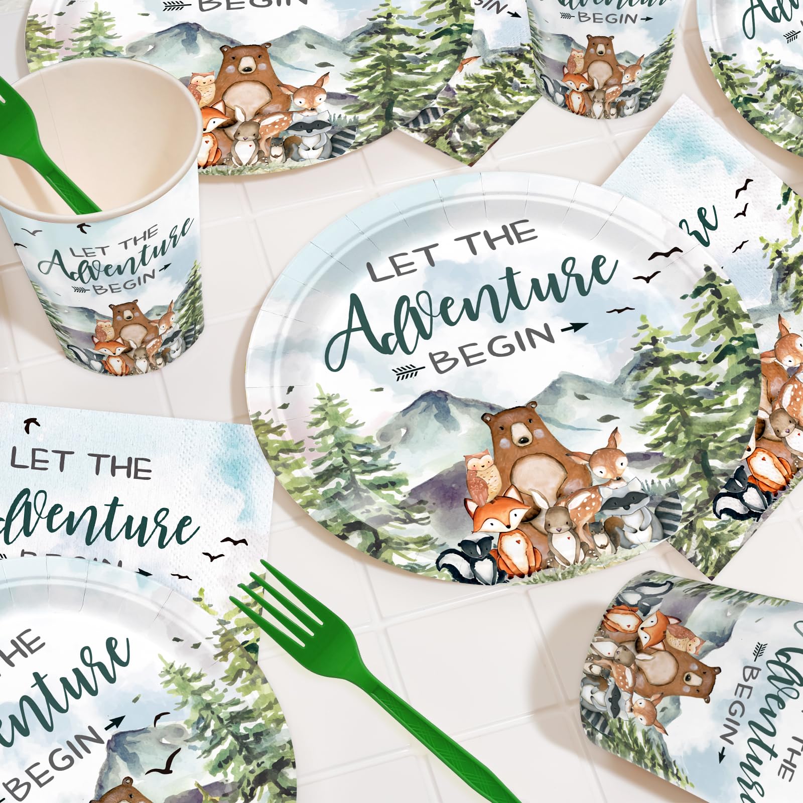 XIENBLOC 120pcs Let The Adventure Begin Party Supplies Baby Shower Plates Napkins Tableware Set Disposable Cups Green Forks Adventure Party Supplies for 24 Guests