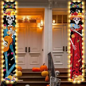 Aovaely LED Day of The Dead Sign Banners Decorations, Light Up Sugar Skull Dia De Los Muertos Altar Decorations for Halloween Day of The Dead Party Outdoor Indoor Home Decor Supplies 71x12 Inches