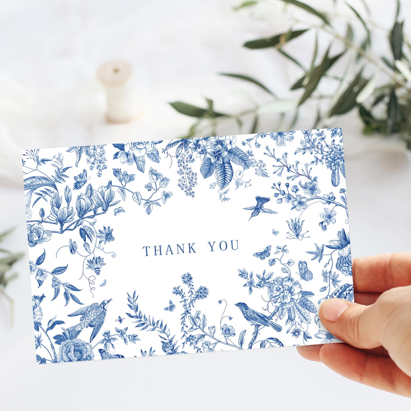 Whaline 24 Pack Flower Bird Thank You Cards Blue and White Floral Greeting Cards with Envelopes Stickers Blank Note Cards for Wedding Birthday Baby Shower Party Supplies, 4 x 6 Inch