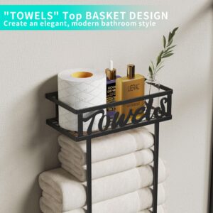 HapiRm Towel Racks for Bathroom - 3 Tier Towel Holder for Bathroom Wall, Towel Storage with Towel Basket Design and 6 Hooks, Towel Rack Wall Mounted for Bathroom Storage (Black)