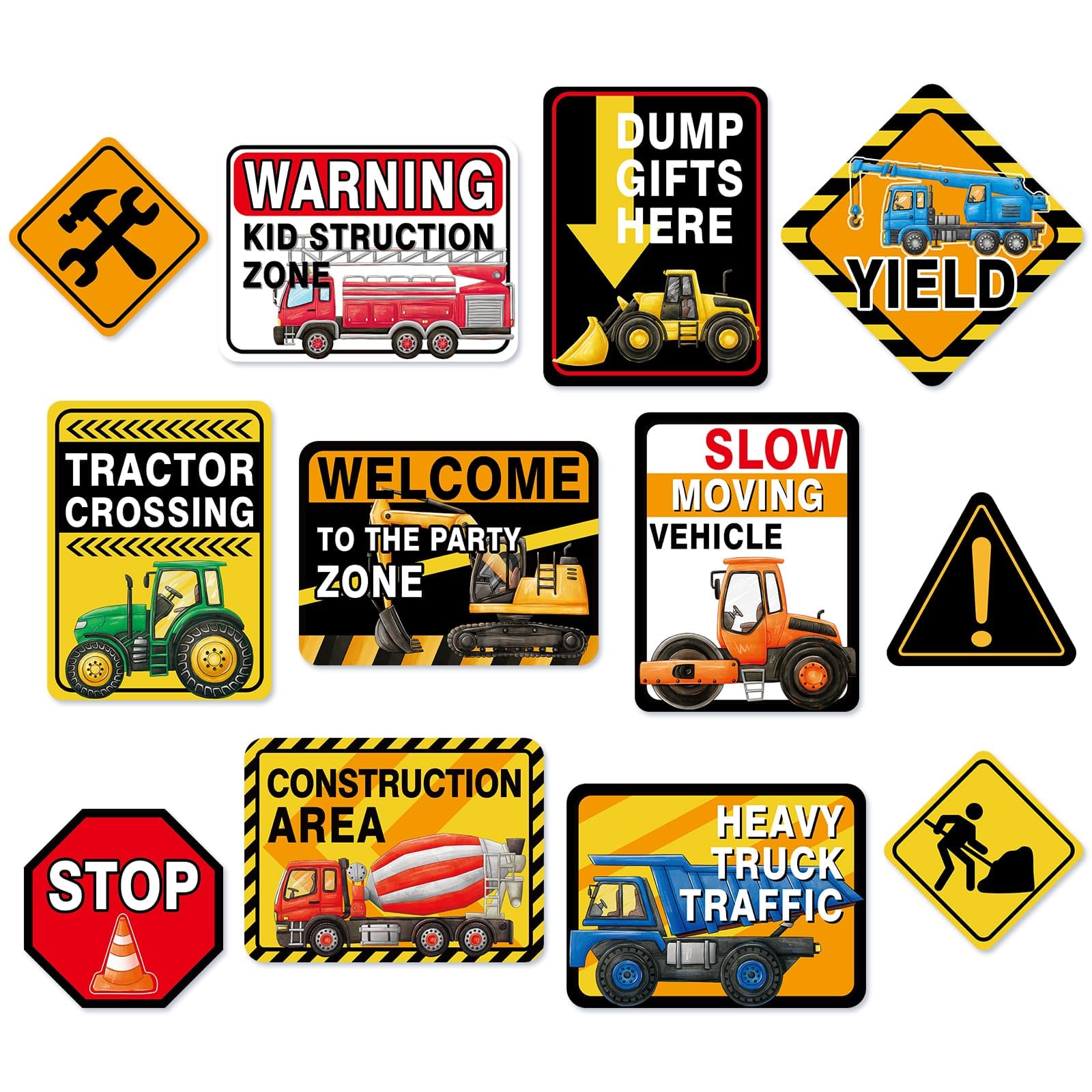 WERNNSAl Construction Truck Party Decorations - 12PCS Construction Truck Party Zone Signs Posters for Kids Construction Truck Theme Birthday Party Supplies Construction Truck Wall Art Decor for Home Garden Yard Decorations