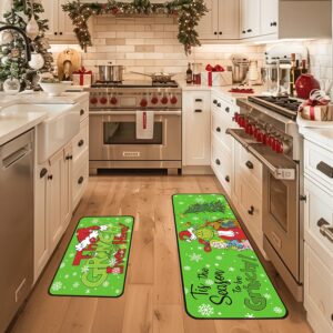 Christmas Decorative Kitchen Mats Set of 2,Grin Christmas Kitchen Decoration,Non Slip Absorbent Kitchen Mat Waterproof Runner Rug for Laundry Room and Sink 17x 29,17x48 Inches