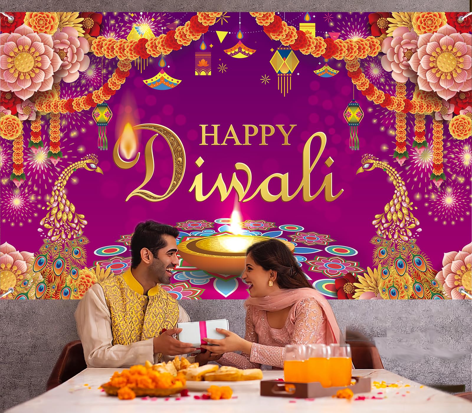 Aovaely Happy Diwali Backdrop Banner Decorations for Home Wall Hanging, Indian Festival of Lights Decorations, Diwali Photo Booth Props Background for Indian Diwali Party Supplies 6.2 x 3.7 ft