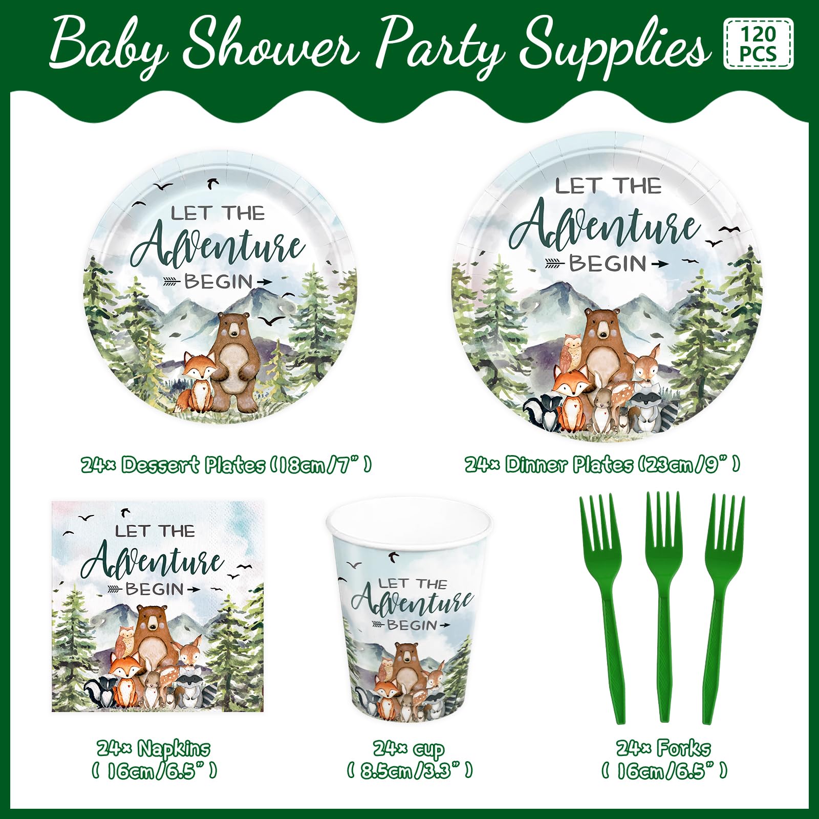 XIENBLOC 120pcs Let The Adventure Begin Party Supplies Baby Shower Plates Napkins Tableware Set Disposable Cups Green Forks Adventure Party Supplies for 24 Guests