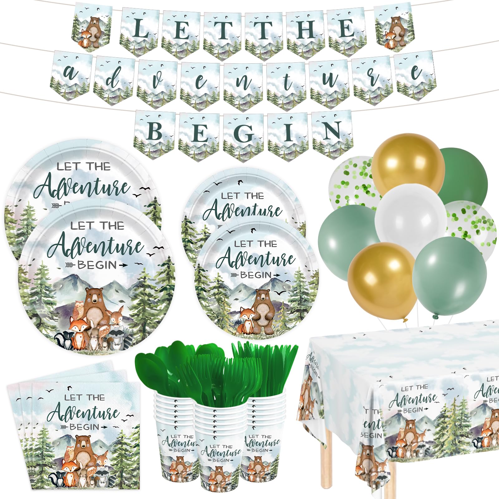 230pcs Let The Adventure Begin Party Supplies Baby Shower Plates Napkins Adventure Tableware Set Disposable Cups Forks Tablecloth Banner and Balloons for Baby Shower Party Decorations Serve 24