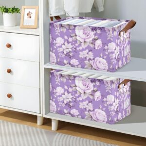 KUEJOP Flower Purple Rose Rectangle Storage Bin, Decorative Collapsible Organizer Storage Basket with Handles for Home