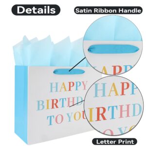 2 Pack 13” Large White Happy Birthday Gift Bags Set with Handles, Greeting Card, Tissue Papers and Stickers for Girls Boys Kids Women Men Party, Reusable Design, 2 Pcs