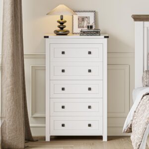 Wodeer White 5 Drawers Dresser for Bedroom,Wood Storage Chest of Drawers, Dresser with Metal Handles,Dressers Organizer for Bedroom, Living Room,Hallway,Nursery