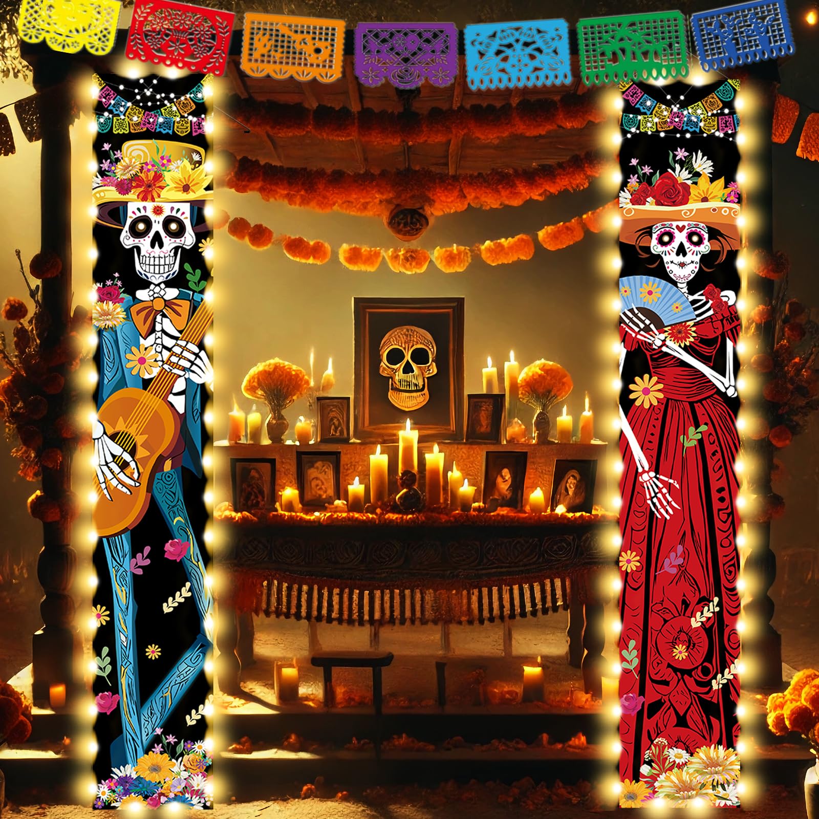 Aovaely LED Day of The Dead Sign Banners Decorations, Light Up Sugar Skull Dia De Los Muertos Altar Decorations for Halloween Day of The Dead Party Outdoor Indoor Home Decor Supplies 71x12 Inches