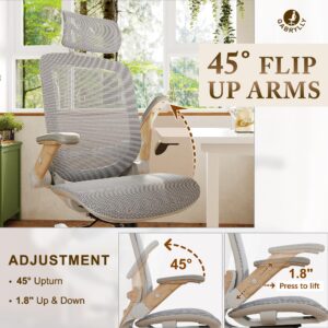 GABRYLLY Ergonomic Office Chair, High Back Home Desk Chair with Flip-Up Arms, Headrest, 90-120° Tilt and Wide Cushion, 400LBS White Mesh Chair for Work Gaming Study (GY01-NT, Woodgrain Pattern)