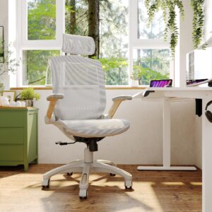 GABRYLLY Ergonomic Office Chair, High Back Home Desk Chair with Flip-Up Arms, Headrest, 90-120° Tilt and Wide Cushion, 400LBS White Mesh Chair for Work Gaming Study (GY01-NT, Woodgrain Pattern)