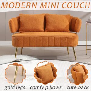 HRVEOCEI Boucle Loveseat Sofa, 52" Small Couch for Small Space Bedroom, Modern Mini Couch Sofa with Gold Chrome Legs and Comfy Pillows for Office Dorm (Orange)