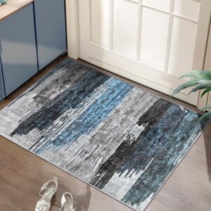 ciicool modern abstract area rug 2x3 washable small entryway rug, non-slip low pile throw rug, foldable kitchen bathroom rug, blue grey floor carpet for entrance living room bedroom indoor doormat