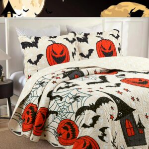 MarCielo Kids Halloween Themed Quilt Bedspread Set Pumpkins, Black Cats, Bats, Haunted Houses ME503 (Full)