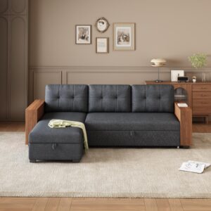 jintop 84" sectional sofa,storage chaise and pull out,upholstered l-shape convertible corner couch,reversible sleeper sofa-bed,w/wooden handrail & shelves,3 back cushion,for livingroom,dark grey