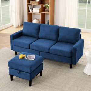 TURRIDU L-Shape Sleeper Sectional Sofa with Storage Ottoman, 3-Seater Convertible Sofa Couch with Reversible Chaise, Soft Thick Cushion Sofa for Living Room, Apartment, Small Space, Navy Blue