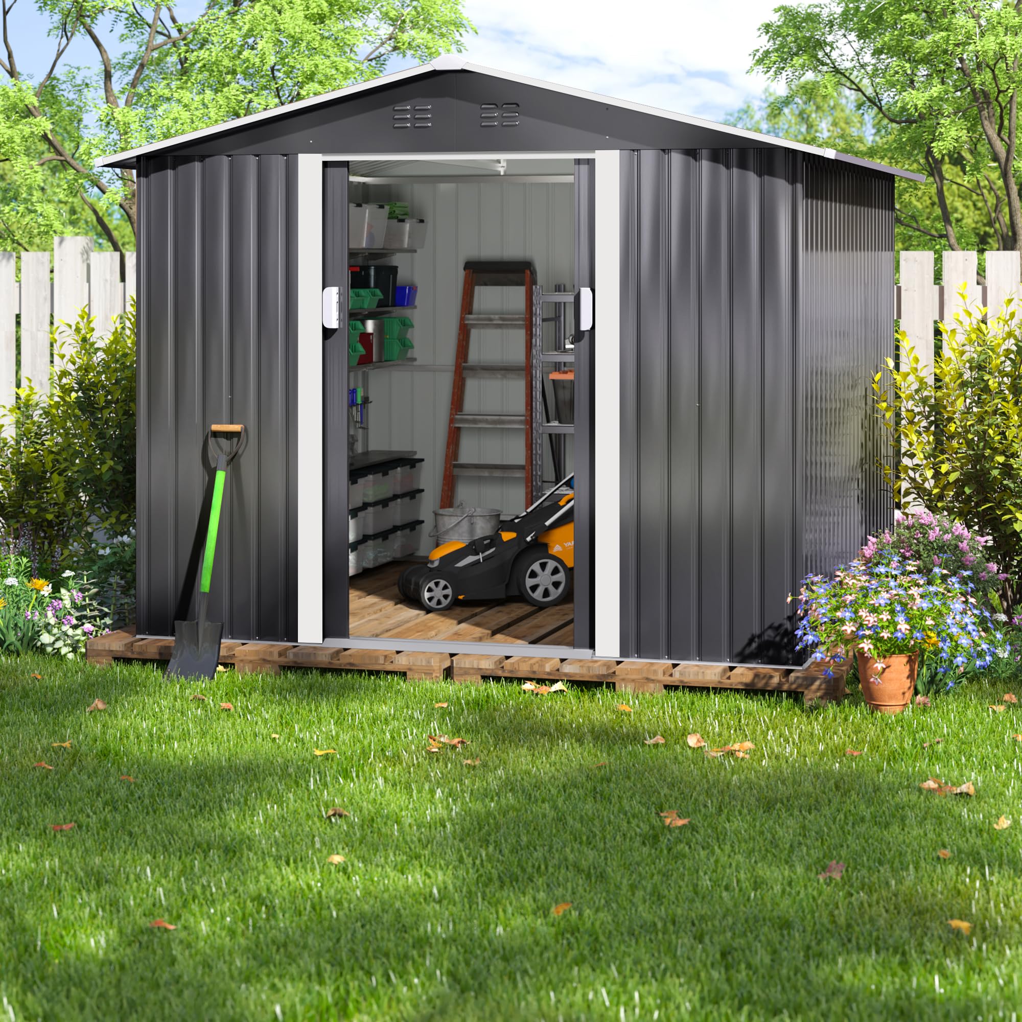 JAXPETY Large Storage Shed, Metal Sheds & Outdoor Storage, Outdoor Shed with Air Vent Lockable Door, Sheds & Outdoor Storage Tool Shed for Backyard Garden Patio Lawn (8X8 FT)