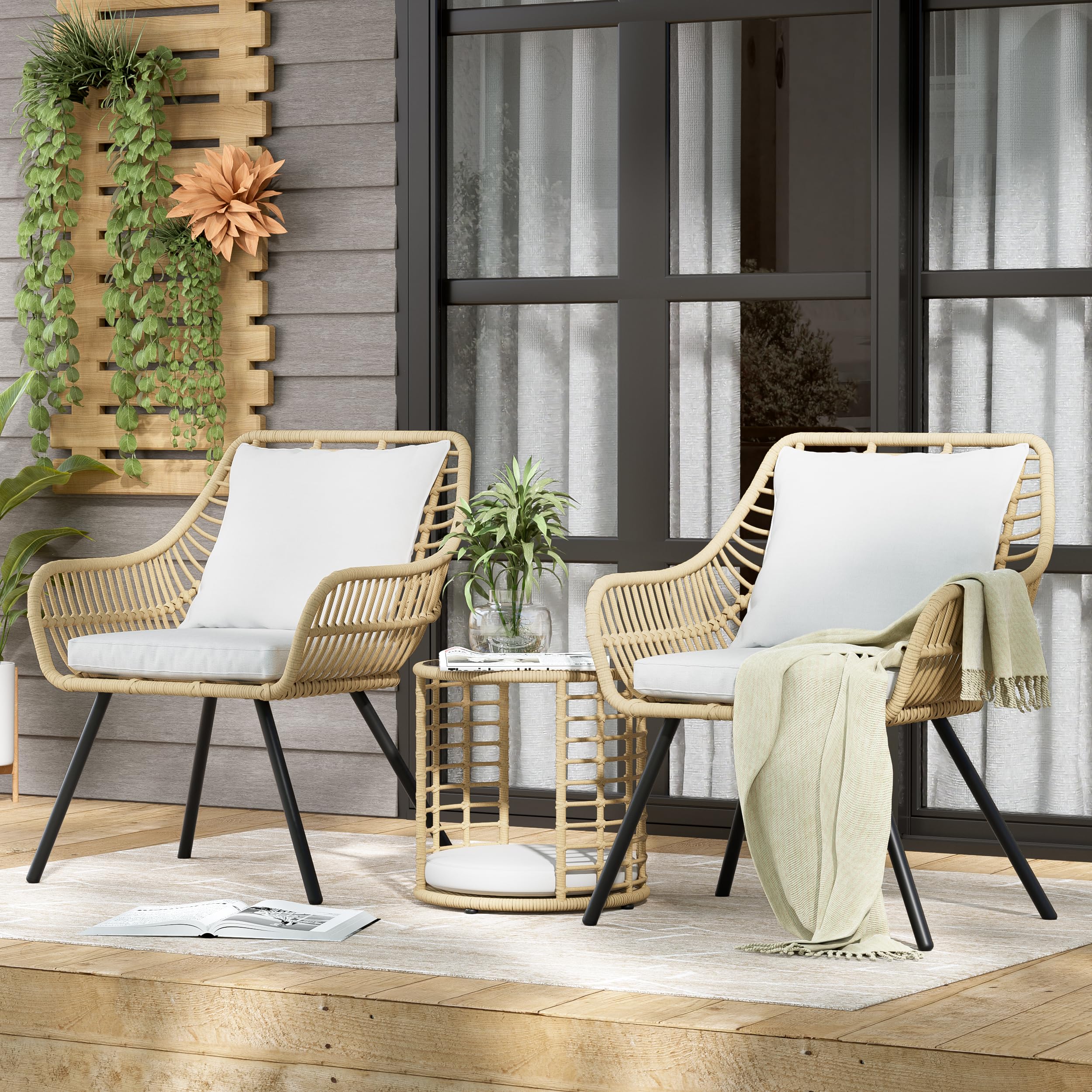 3 Piece Patio Bistro Set, Bistro Table and Chairs Set of 2 with Elevated Back Cushion, Round Glass Top Coffee Side Table, Patio Rattan Conversation Set for Balcony, Lawn, Garden, Backyard, White