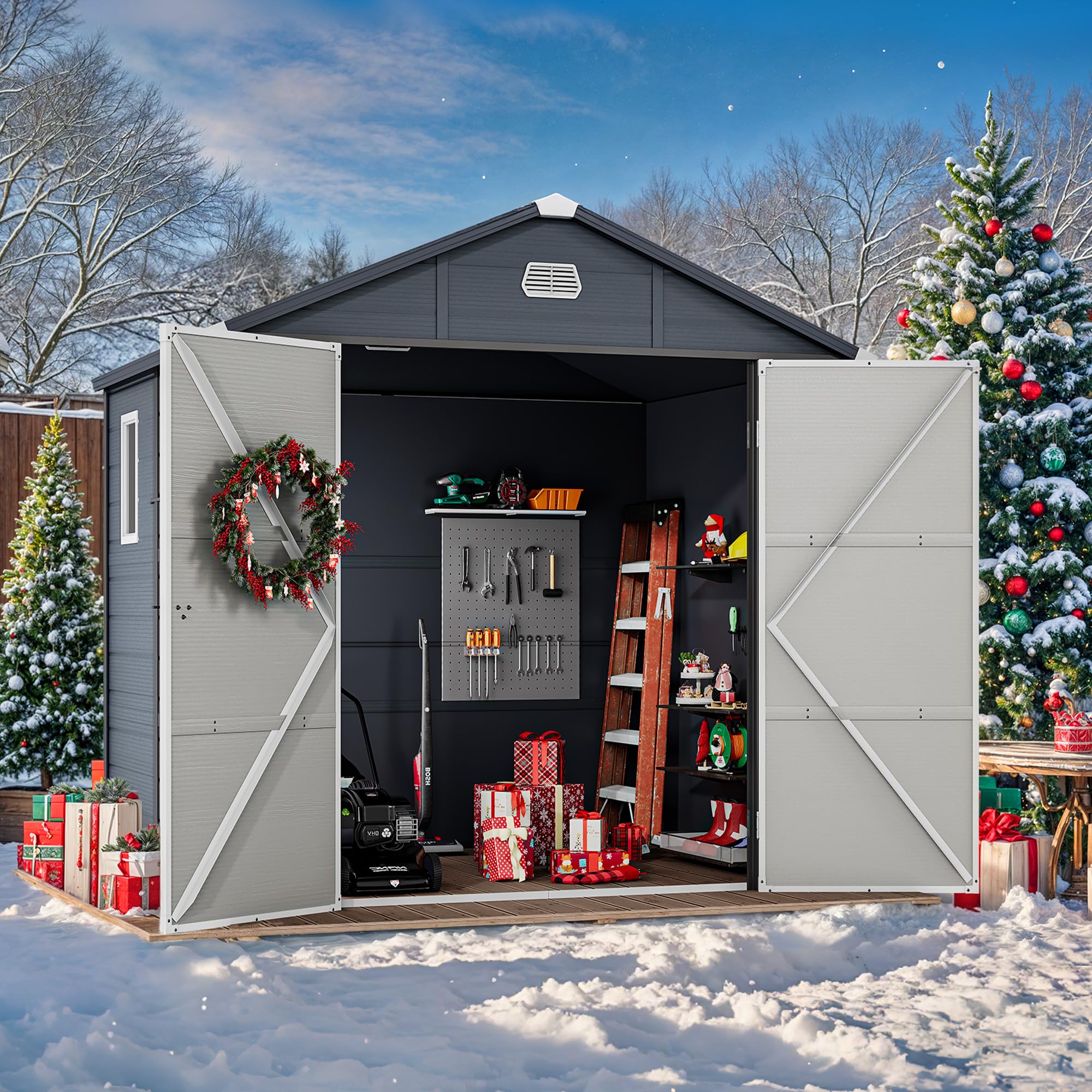 YITAHOME 8x6.2FT Outdoor Resin Storage Shed w/o Floor, All-Weather Plastic Shed with Lockable Doors, Window & Vents, Plastic Tool Shed for Backyard, Patio, Poolside, Lawn, Dark Gray