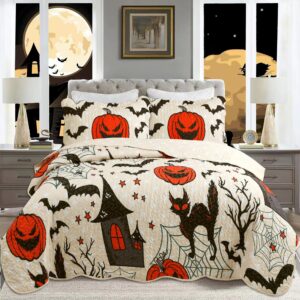 marcielo kids halloween themed quilt bedspread set pumpkins, black cats, bats, haunted houses me503 (full)