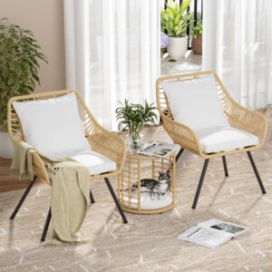 3 Piece Patio Bistro Set, Bistro Table and Chairs Set of 2 with Elevated Back Cushion, Round Glass Top Coffee Side Table, Patio Rattan Conversation Set for Balcony, Lawn, Garden, Backyard, White