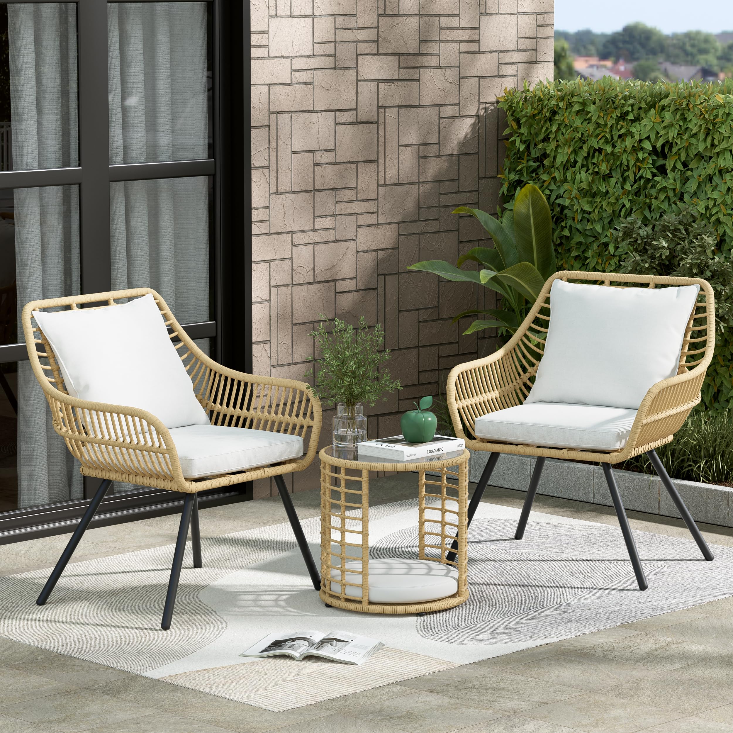 3 Piece Patio Bistro Set, Bistro Table and Chairs Set of 2 with Elevated Back Cushion, Round Glass Top Coffee Side Table, Patio Rattan Conversation Set for Balcony, Lawn, Garden, Backyard, White