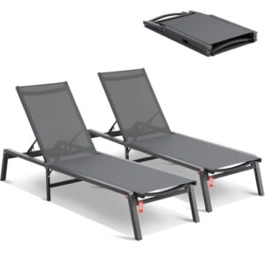 vevor 2 pcs chaise lounge chairs outdoor, aluminum patio lounge chairs with adjustable 5-position, folding pool lounge chairs recliner and full flat tanning chairs for patio, beach, pool, grey, 2 pcs