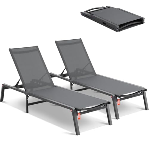 VEVOR 2 Pcs Chaise Lounge Chairs Outdoor, Aluminum Patio Lounge Chairs with Adjustable 5-Position, Folding Pool Lounge Chairs Recliner and Full Flat Tanning Chairs for Patio, Beach, Pool, Grey, 2 pcs