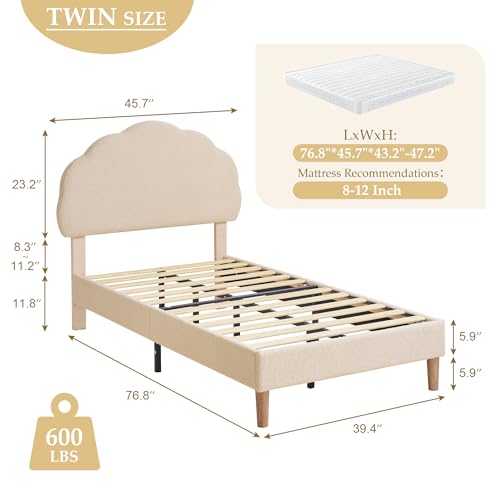 VECELO Twin Size Bed Frame, Upholstered Platform Bedframe with Height Adjustable Plush Fabric Headboard, Strong Wood Slat Supports, No Box Spring Needed, Beige