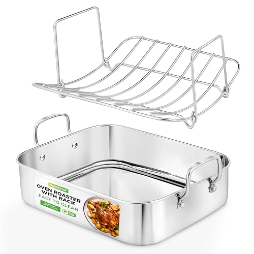 NutriChef Stainless Steel Roasting Pan with Lid and Polished Rack - Wide Wire Handles for a Confident Grip - Ideal for Thanksgiving, Tender Roasts, Deep Dishes, and More, 14.8'' x 11.6" x 3.7" IN